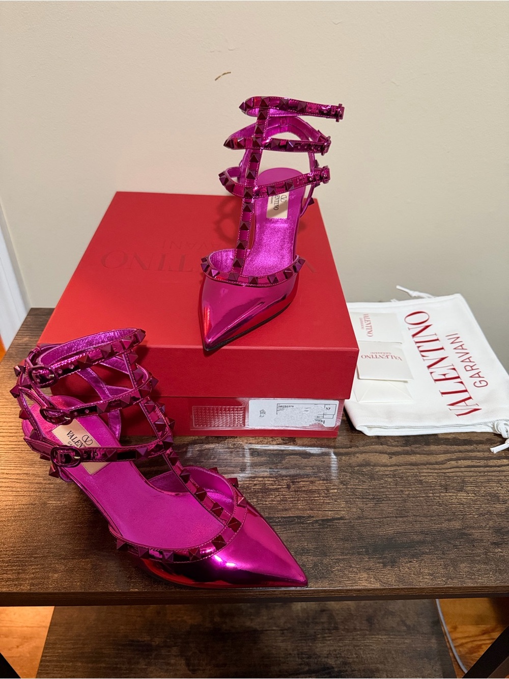 Valentino Metallic Fuchsia Rockstud Strappy Pointed Heels